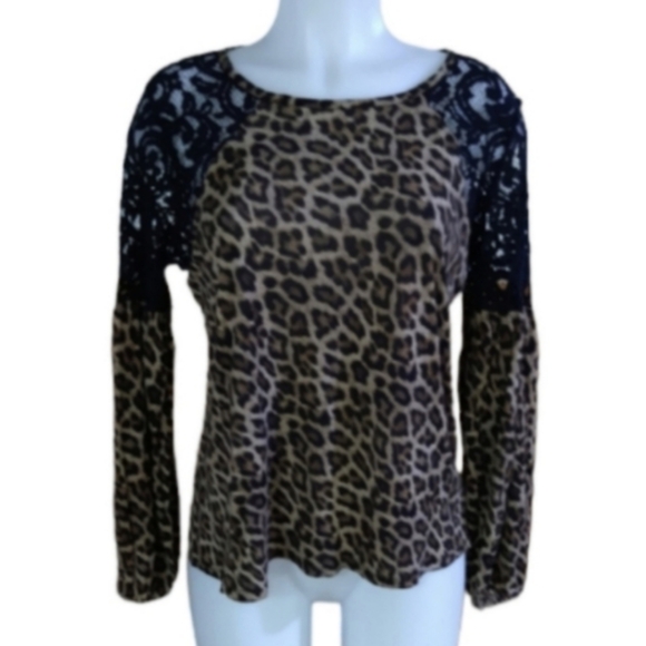 size M Michal Kors Womens Animal Print Round Neck Lace Pullover T-Shirt - Picture 1 of 16